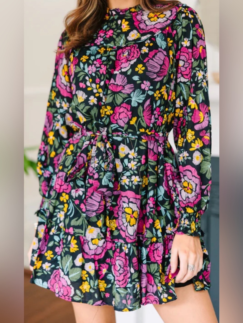 Fate Black Floral Dress with Pink and Yellow Blooms